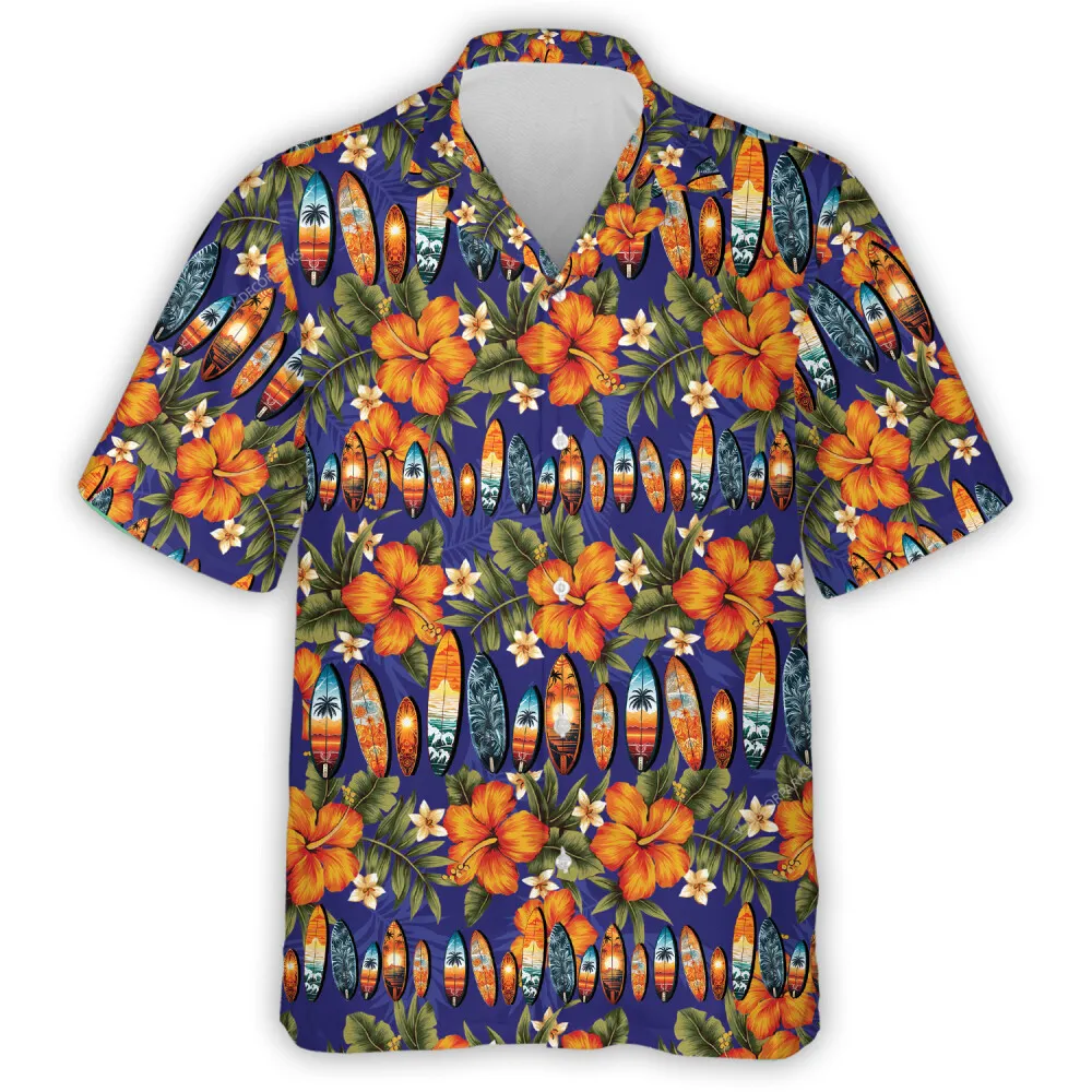 Surfing Board Within Hibiscus Hawaiian Shirt For Men And Women, Tropical Flowers Printed Aloha Shirts, Casual Button-down Clothing, Unisex Top