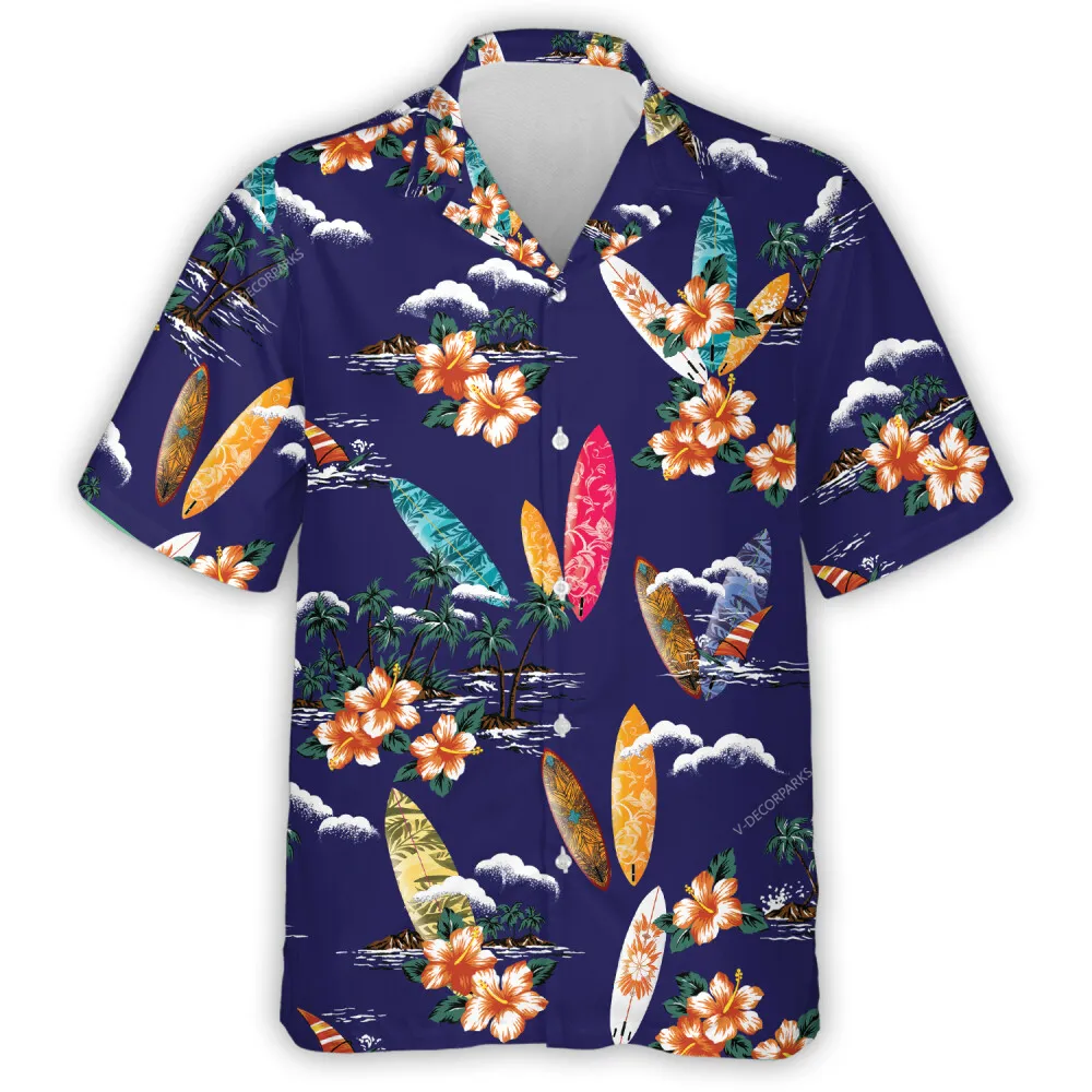 Floral Surfboard Unisex Hawaiian Shirt, Tropical Hibiscus Flower Aloha Beach Button Down Shirts, Summer Island Printed Clothing