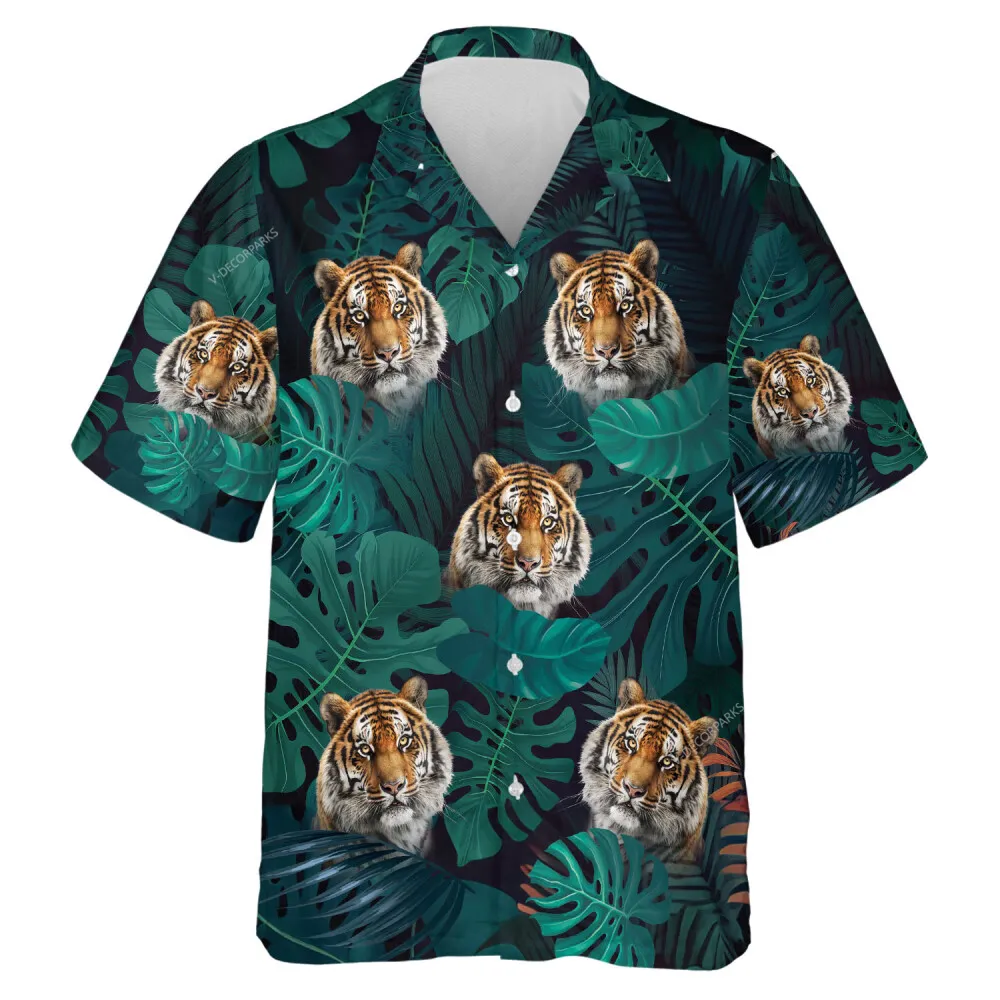 Fierce Tiger Face Unisex Hawaiian Shirt, Tropical Leaves Aloha Beach Shirt, Wild Animal Lover Printed Clothing, Nature Pattern Top