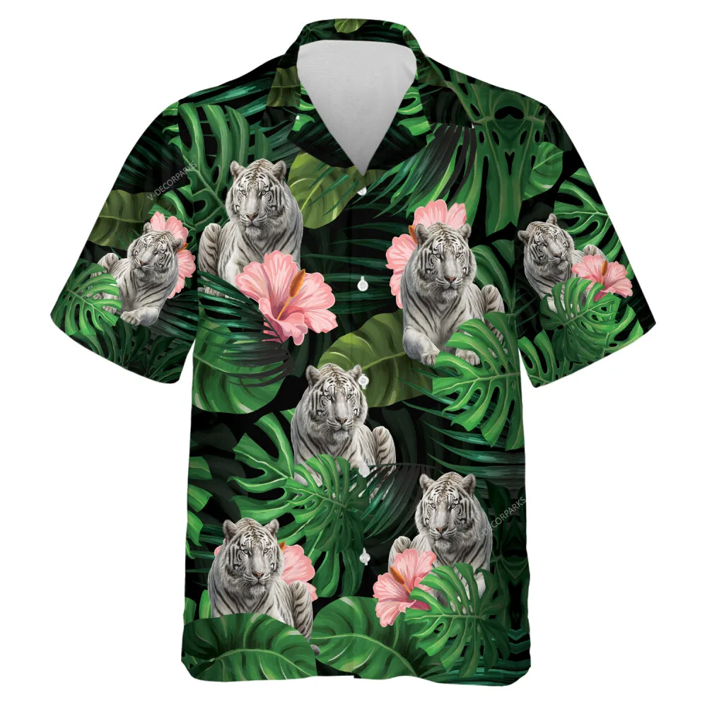 Rare White Tiger Unisex Hawaii Shirt, Tropical Summer Forest Aloha Beach Button Down Shirts, Leaves Pattern Top, Forest Printed Clothing