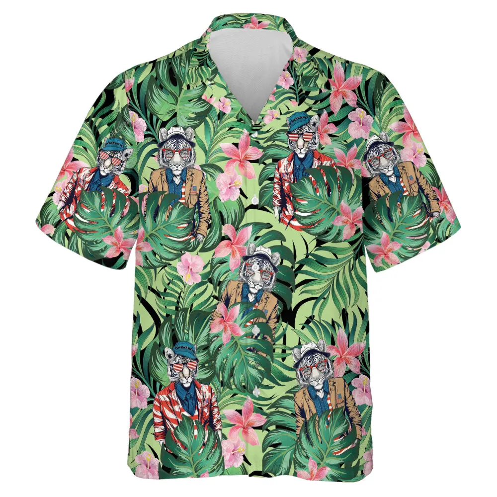 Impersonated Tiger Unisex Hawaiian Shirt, Tropical Forest Aloha Beach Button Down Shirt, Hibiscus Pattern Hawaii Clothing, Family Wear