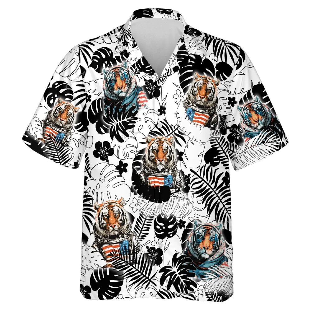 Monogram Background With Astronaut Tiger Men Hawaiian Shirt, Us Flag Sign Aloha Shirt, Casual V-neck Button Down Top, Party Clothing