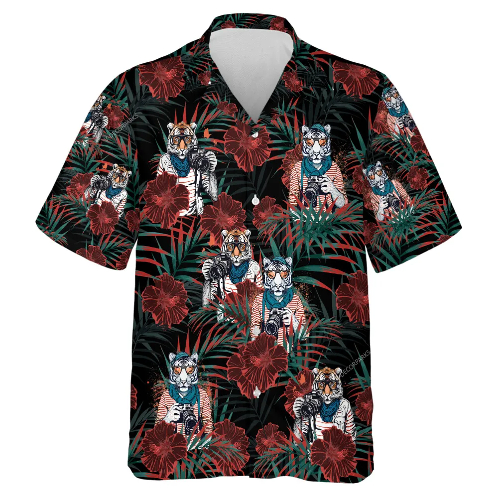 Negative Colored Cameraman Tiger Unisex Hawaiian Shirt, Tropical Hibiscus Aloha Beach Button Down Top, Palm Leaves Patterned Hawaii Shirt