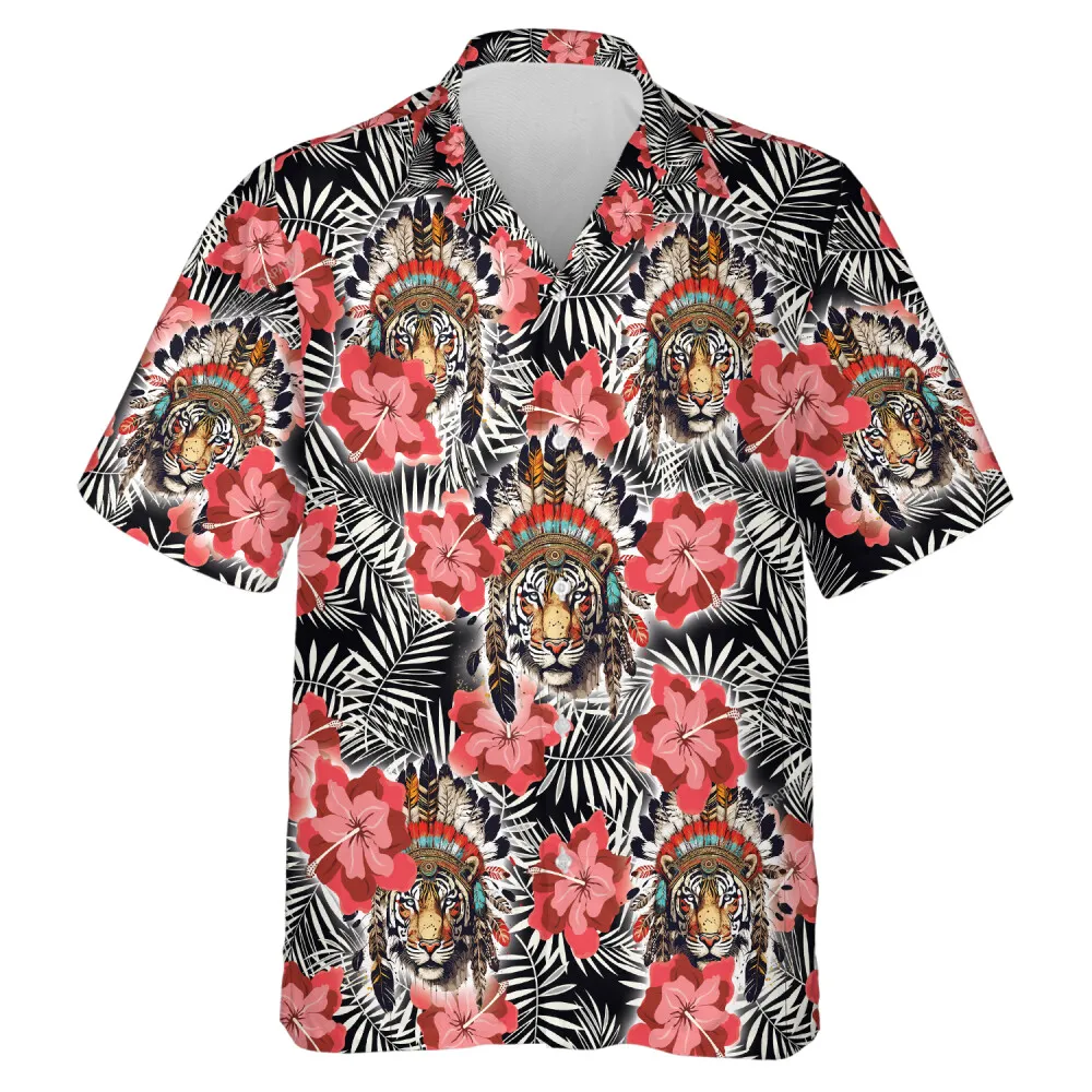 Indigenous Tiger Unisex Hawaii Shirt, Native Hibiscus Summer Aloha Beach Shirt, Forest Family Trip Clothing, Casual Mens And Womens Wear