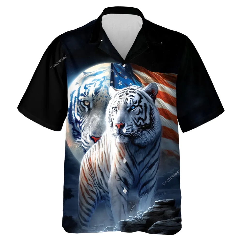Tiger Moon Travel Dream America Men Hawaiian Shirt, American Flag Patterned Aloha Top, White Tiger Printed Button-down Shirt, Forest Explorer Clothing