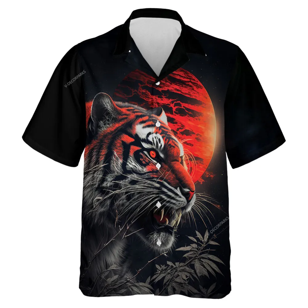 Fierce Tiger Under Blood Moon Men Hawaiian Shirt , Awesome Tiger Pictured Button Down Shirt, Roaring Wildcat Pattern Aloha Clothing