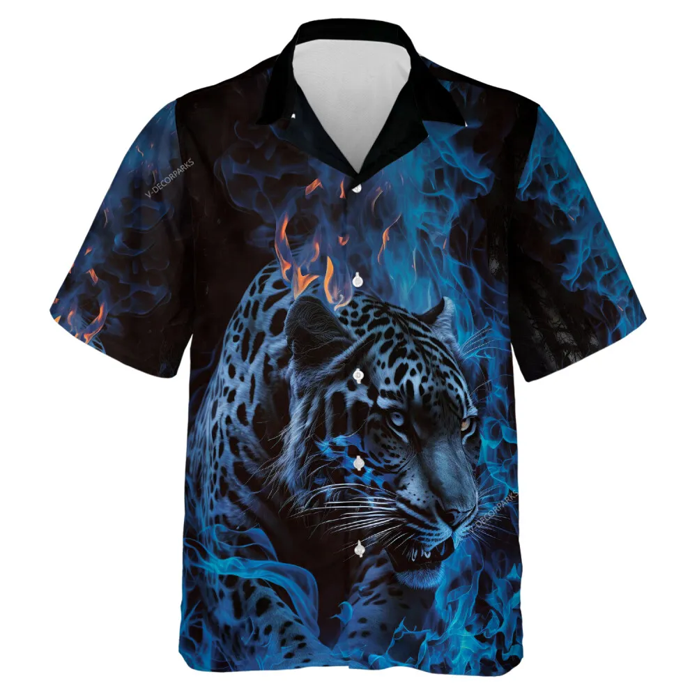 Blue Fire Dotted Tiger Men Hawaiian Shirt, Beautiful Tiger Aloha Beach Button Down Shirts, Natural Animal Printed Top, Couple Clothing
