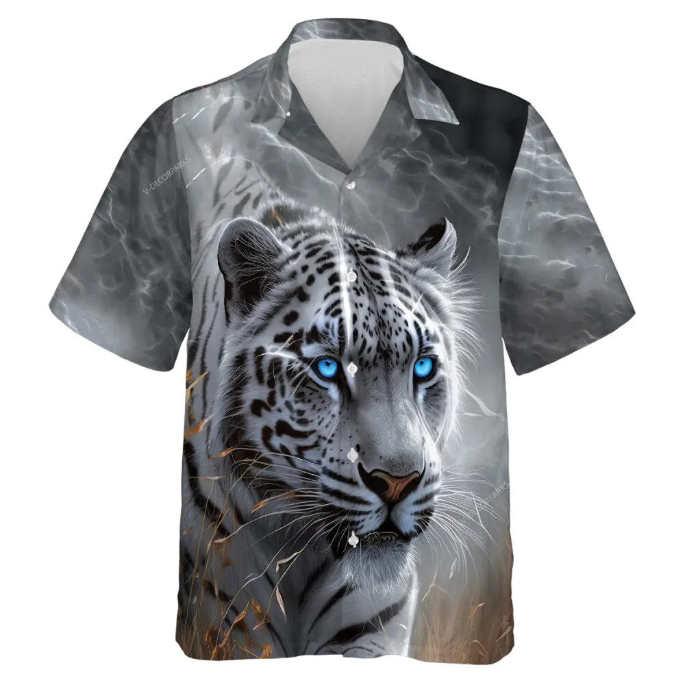 White Tiger Blue Eyed Men Hawaiian Shirt, Tiger Lover Aloha Beach Button Down Shirt, Smoke Pattern Printed Clothing, Casual Mens Wear