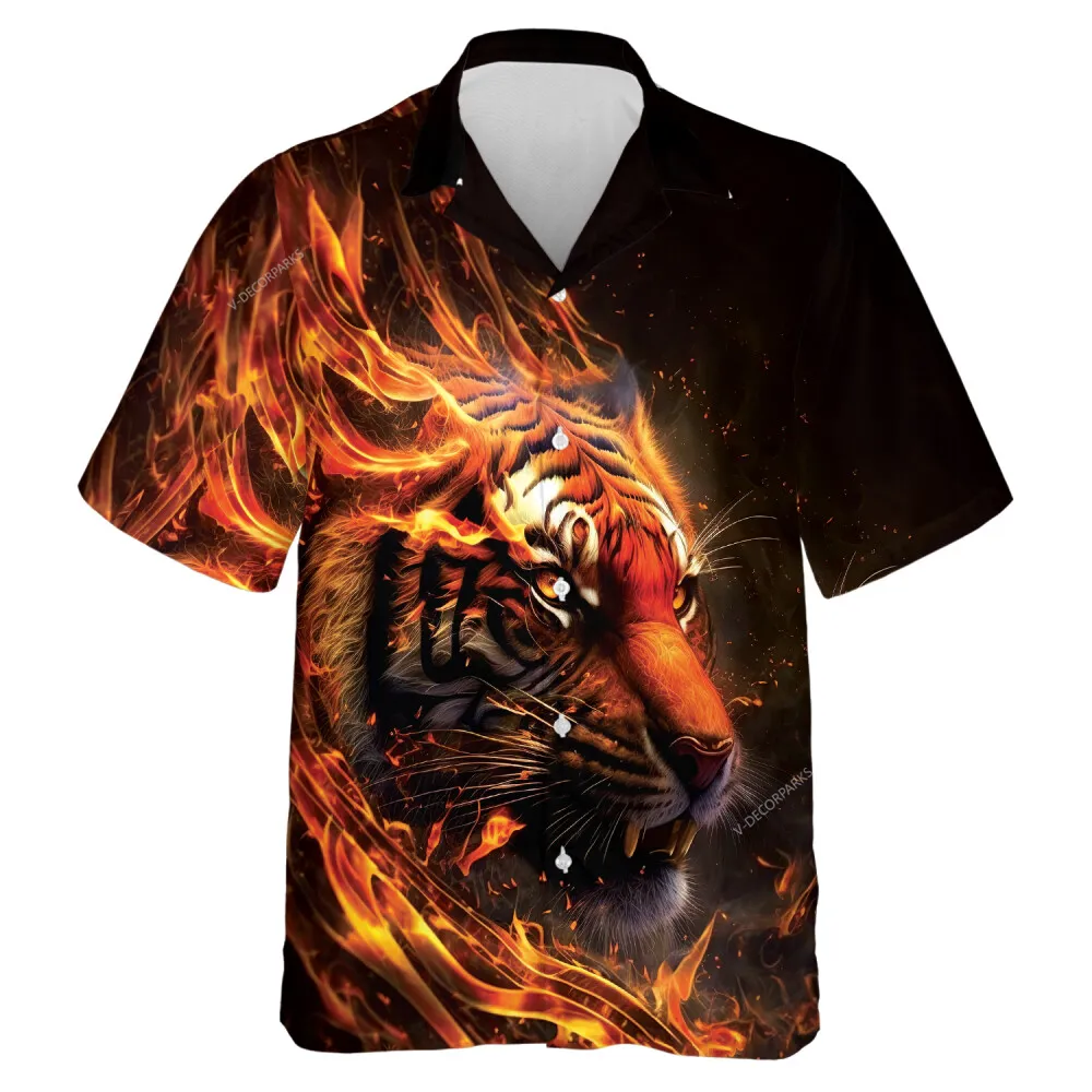 Burning Tiger Unisex Hawaiian Shirt, Tiger Furious Head Aloha Shirt, Strongman Aloha Beach Button Down Top, Wild Animal Lover Gift