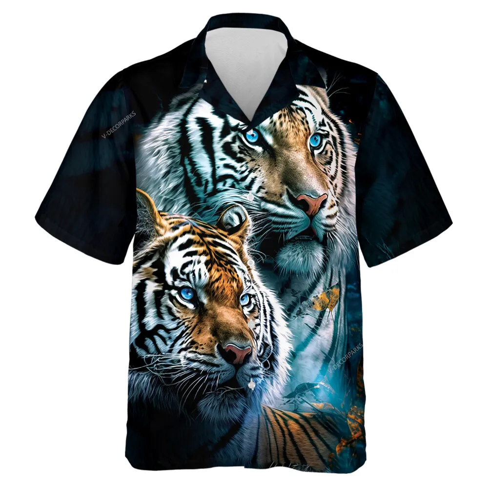 Bengal Tiger Couple Men Hawaiian Shirt, Wildcat Lover Aloha Beach Shirt, Casual Black Button Down Top For Everyone, Family Trip Clothing