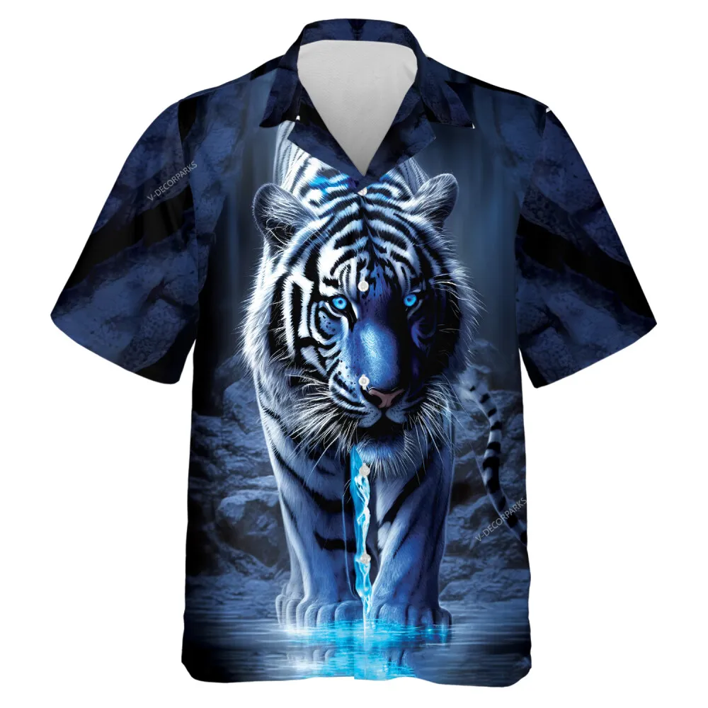 Gorgeous White Tiger With Blue Eye Hawaiian Shirt, Rare Tiger Patterned Summer Beach Button Down Shirt, Unisex Printed Clothing, Animal Lover Top