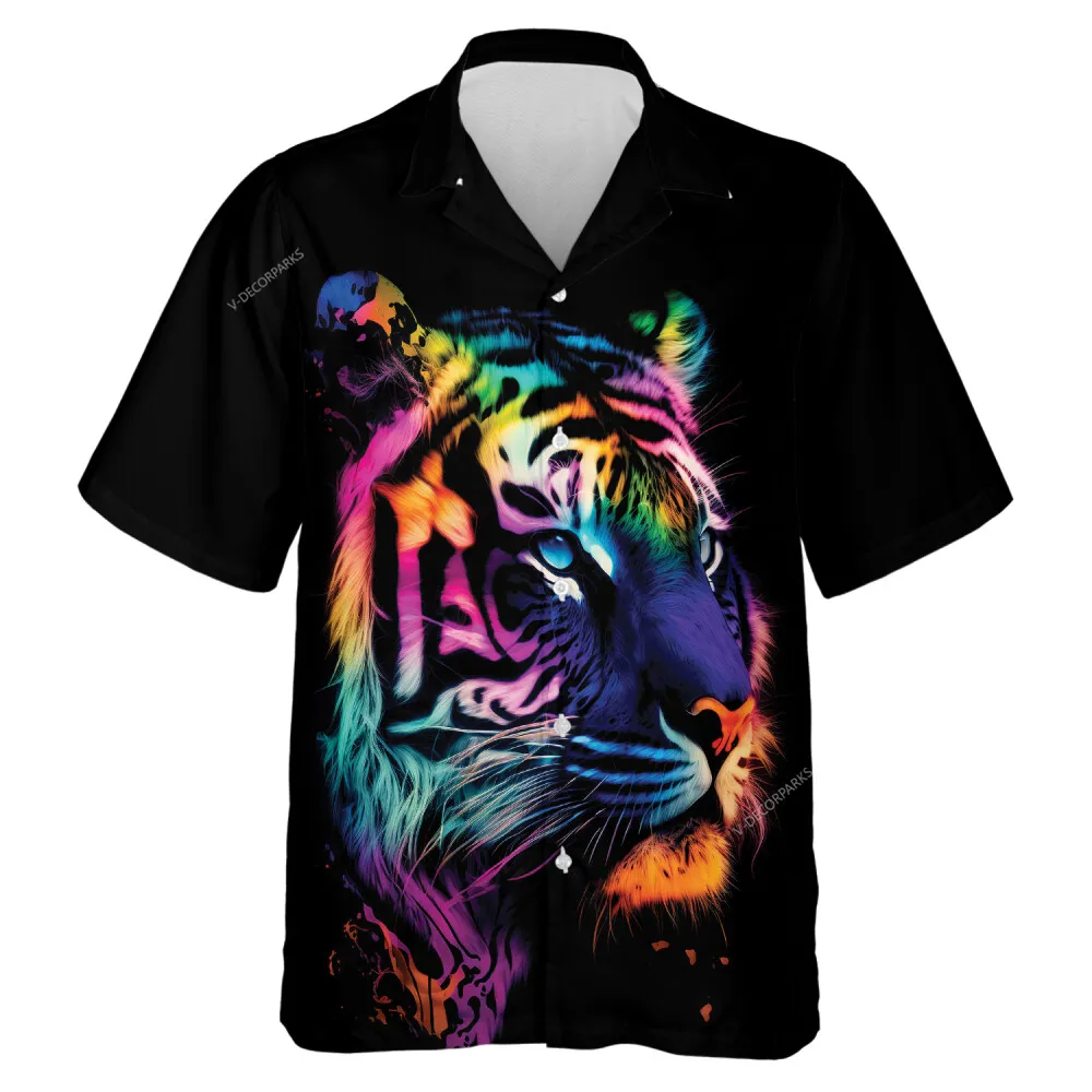 Hologram Tiger Unisex Hawaiian Shirt, Beautiful Neon Tiger Tropical Beach Shirt, Colorful Aloha Printed Top, Everyday Casual Wear, Family Clothing