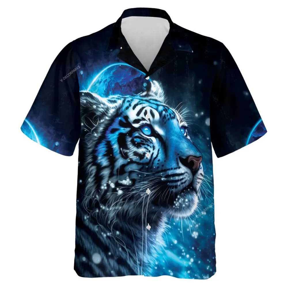 Aesthetic Blue Tiger Men Hawaiian Shirt, Animal Lover Aloha Beach Button Down Shirts, Bright Moonlight Patterned Top, Nature Family Printed Clothing