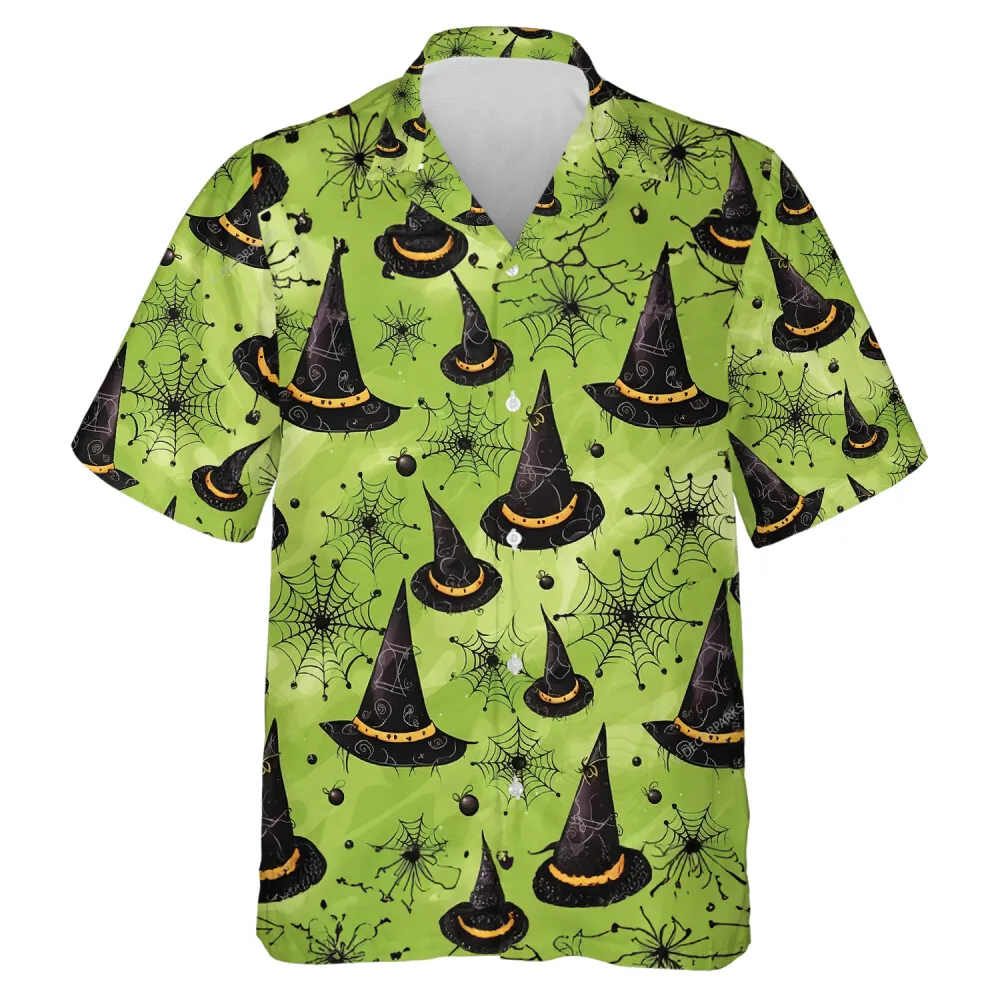 Black Witch Hat Unisex Hawaiian Shirt, Spider Web Pattern Aloha Shirt, Spooky Green Halloween Button Down Top, Family Party Wear