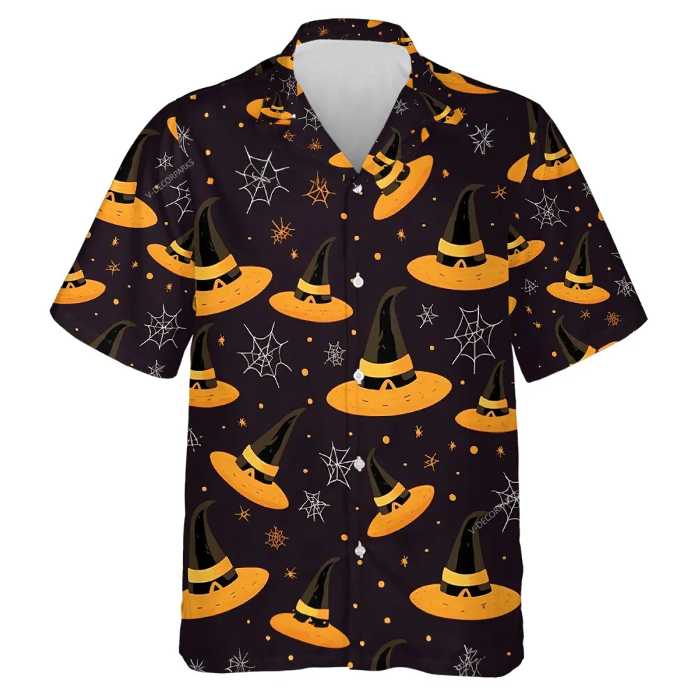 Orange And Black Witch Hat Pattern Men Hawaiian Shirt, Dark Halloween Night Aloha Beach Button Down Shirt, Spider Web Printed Clothing