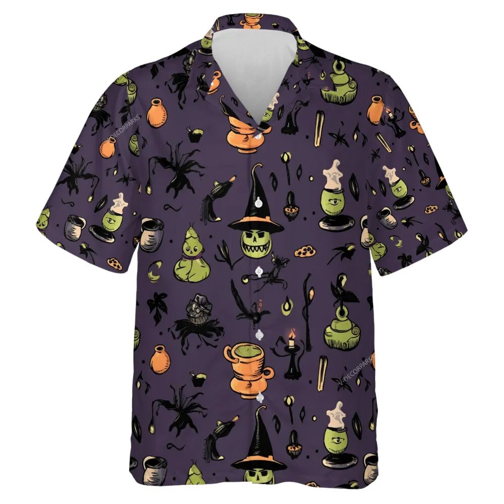 Halloween Patterned Unisex Hawaiian Shirt, Spooky Greenhead Walking Aloha Shirt, Magical Vase Printed Top, Mysterious Teapot Image Clothing
