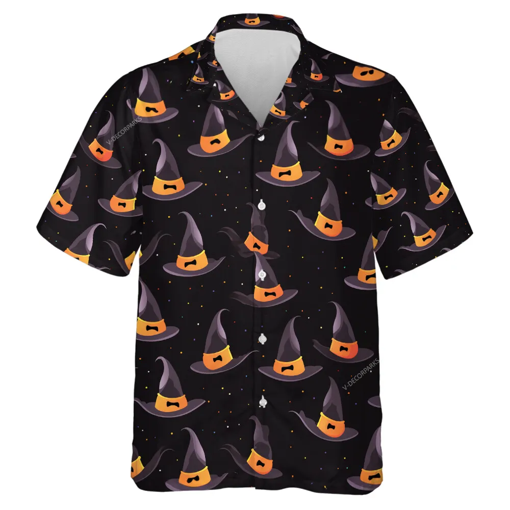 Floppy Witch Hat Unisex Hawaii Shirt, Scary Halloween Scene Aloha Beach Button Down Shirt, Wicked Hat Patterned Clothing, Spooky Family Wear