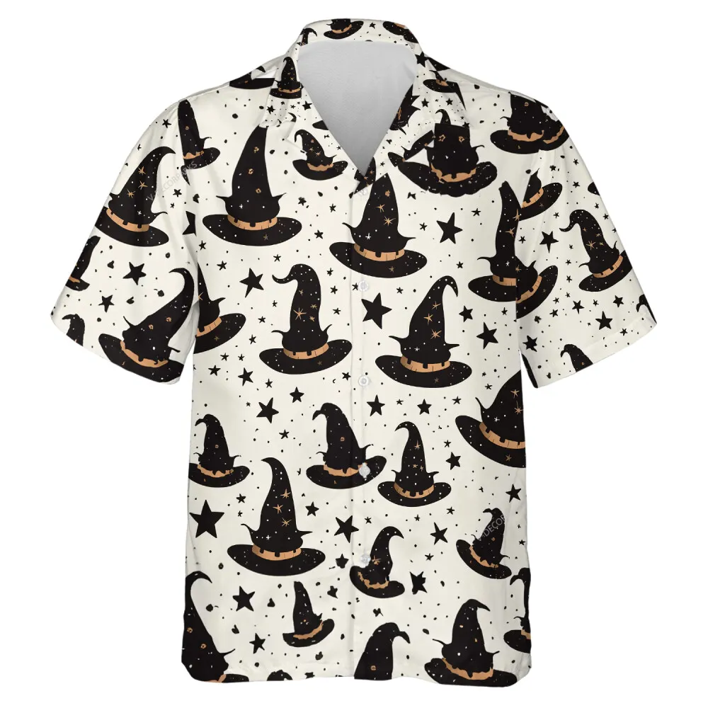 Starry Background With Witch Hat Men Hawaiian Shirt, Halloween Fun Costume, Amusing Aloha Beach Button Down Shirt, Printed Clothing