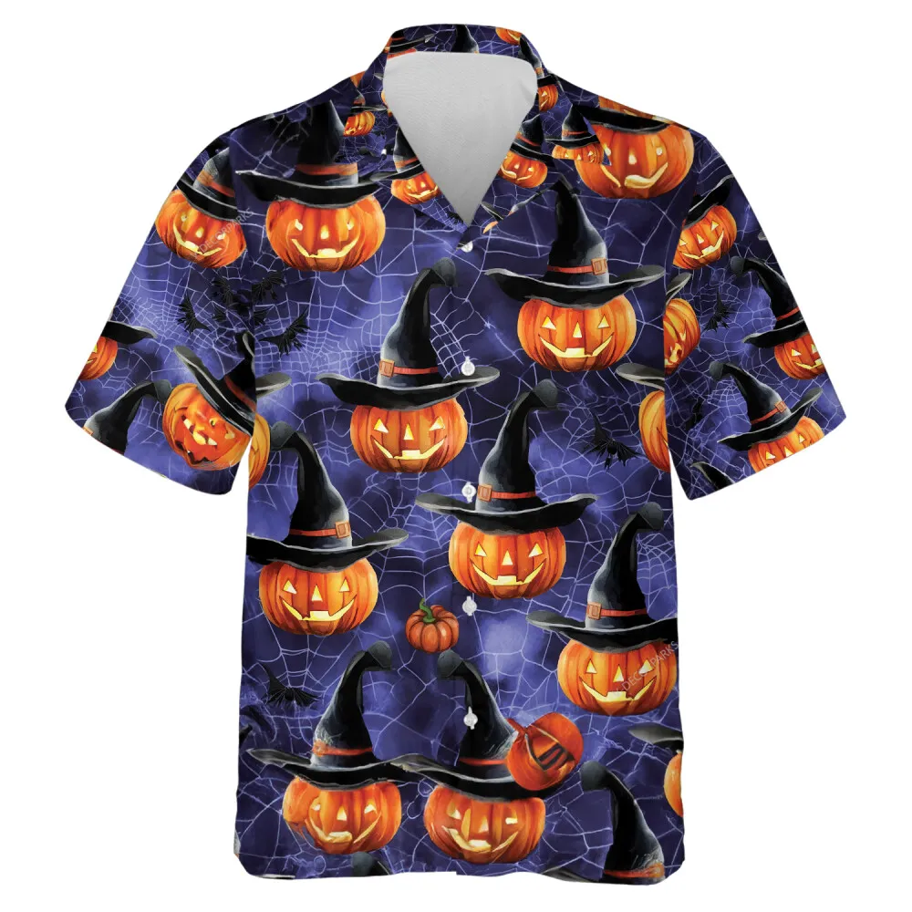 Candled Pumpkin Wears Witch Hat Unisex Hawaiian Shirt, Interlacing Spider Web Aloha Beach Button Down Shirt, Halloween Casual Clothing