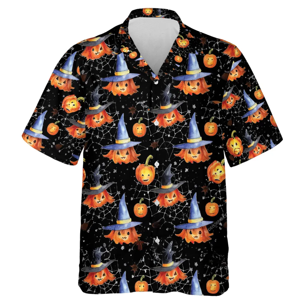Kid Ghost With Witch Hat Unisex Hawaiian Shirt, Spider Interlacing Web Aloha Shirt, Halloween Casual Clothing, Spooky Pumpkin Printed Top