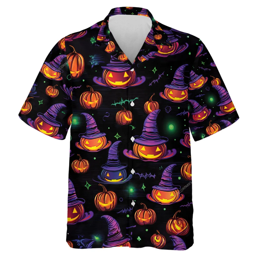 Smiling Carved Pumpkin Wears Witch Hat Unisex Hawaiian Shirt, Signature Halloween Light Aloha Button Down Shirt, V-neck Casual Clothing