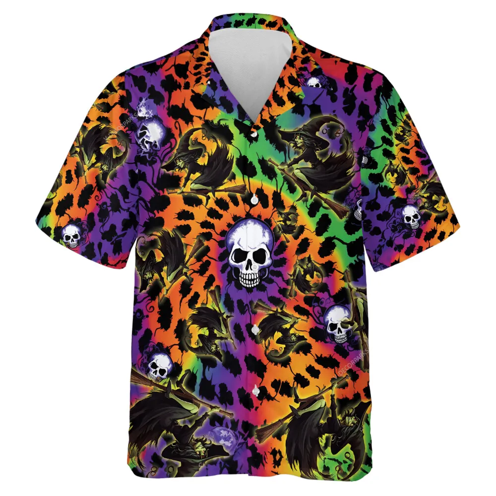 Hippie Green Killer Witch With Skull Men Hawaiian Shirt, Scary Flying Broomsticks Aloha Button Down Shirt, Halloween Party Group Clothing