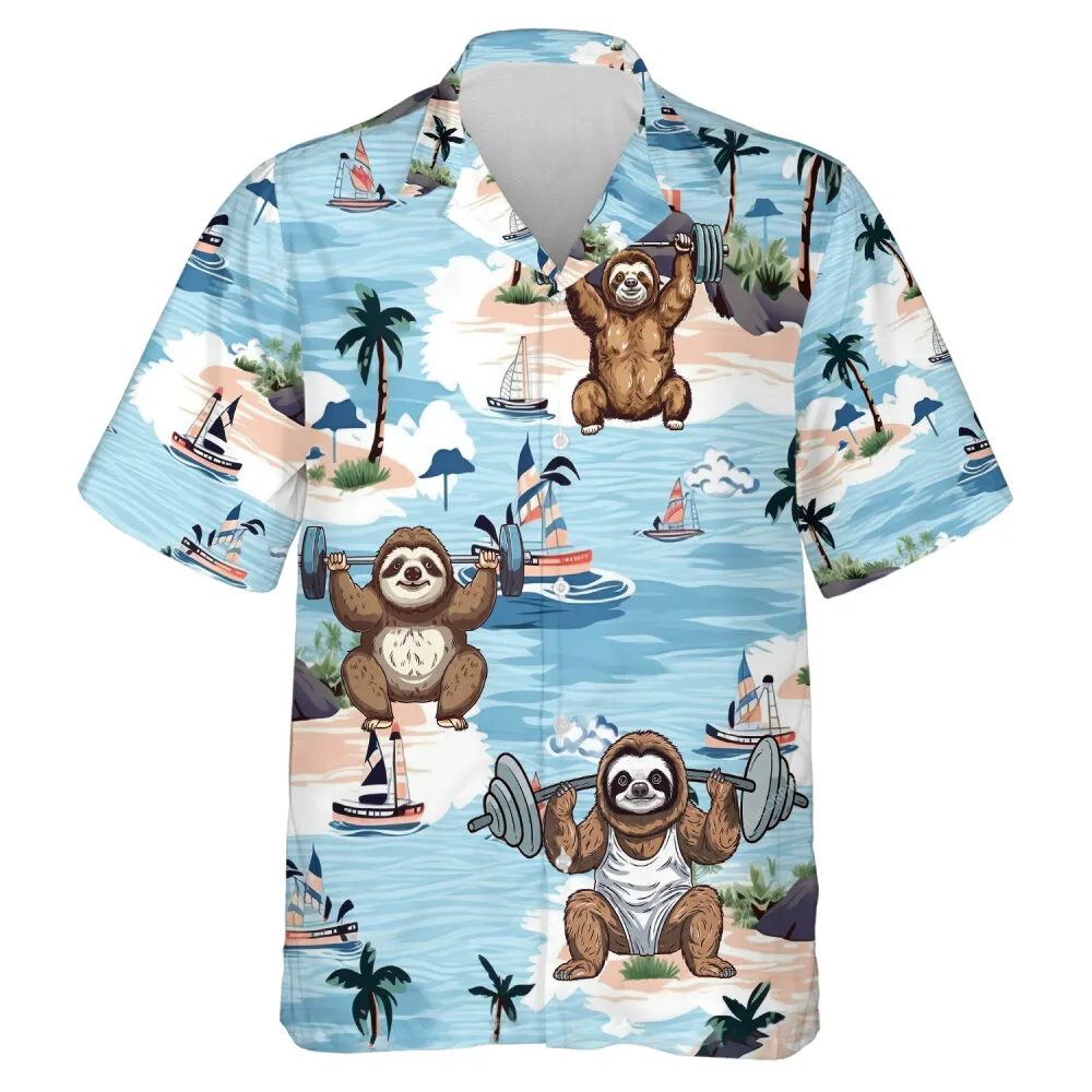 Sloth Doing Weightlifting Unisex Hawaii Shirt, Sloth Working Out Pattern Aloha Beach Shirt, Sailboat And Island Printed Clothing, Family Travel Wear