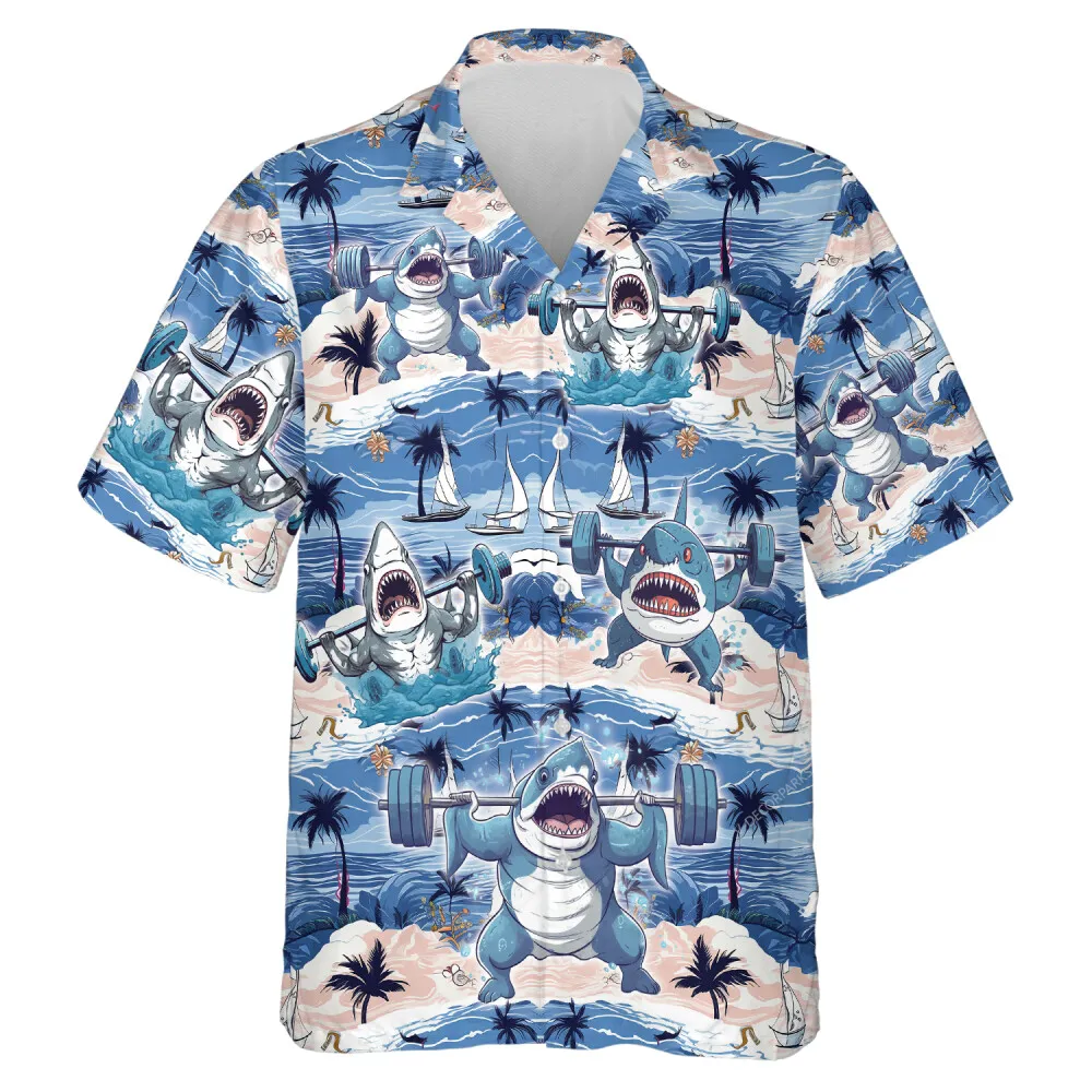 Vigorous Shark Men Hawaiian Shirt, Ocean Animal Working Out Aloha Beach Button Down Shirt, Weightlifting Lover Favorite Top, Sea Object Printed Wear