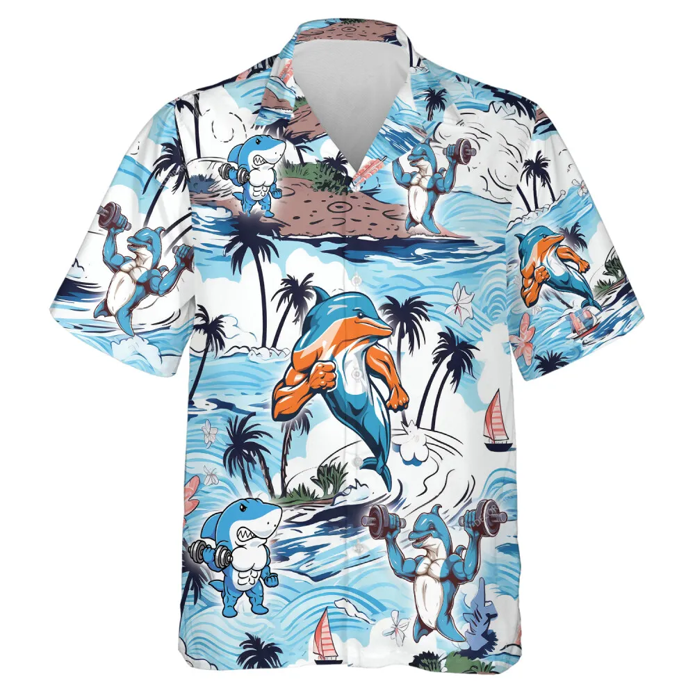 Athletic Dolphin Weightlifting Men Hawaiian Shirt, Gymnastic Animal Aloha Shirt, Palm Island Patterned Clothing, Sport Lover Gift