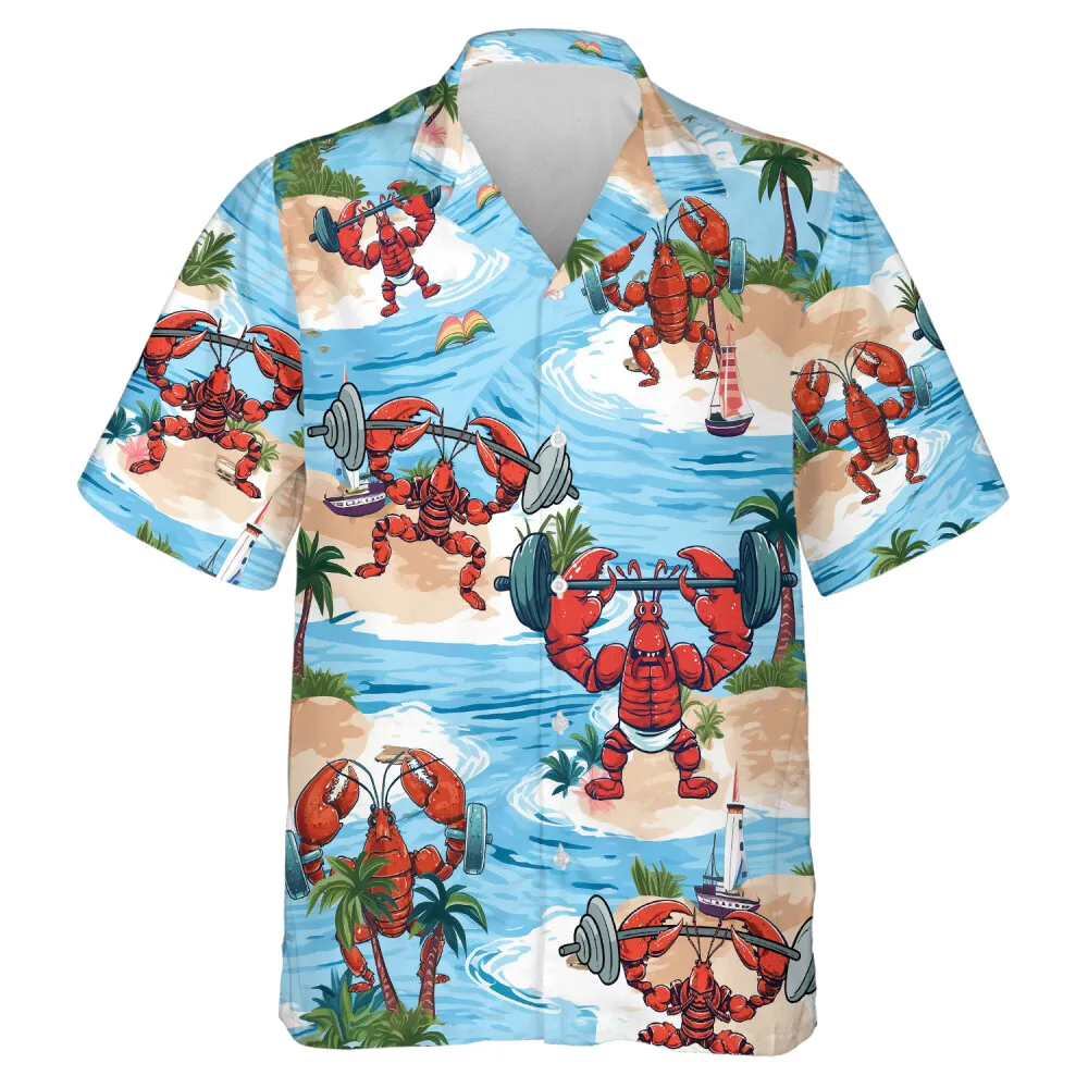 Workout Lobster Unisex Hawaii Shirt, Tropical Island Sport Aloha Beach Shirt, Casual Button Down Top For Everyone, Family Sea Trip Clothing