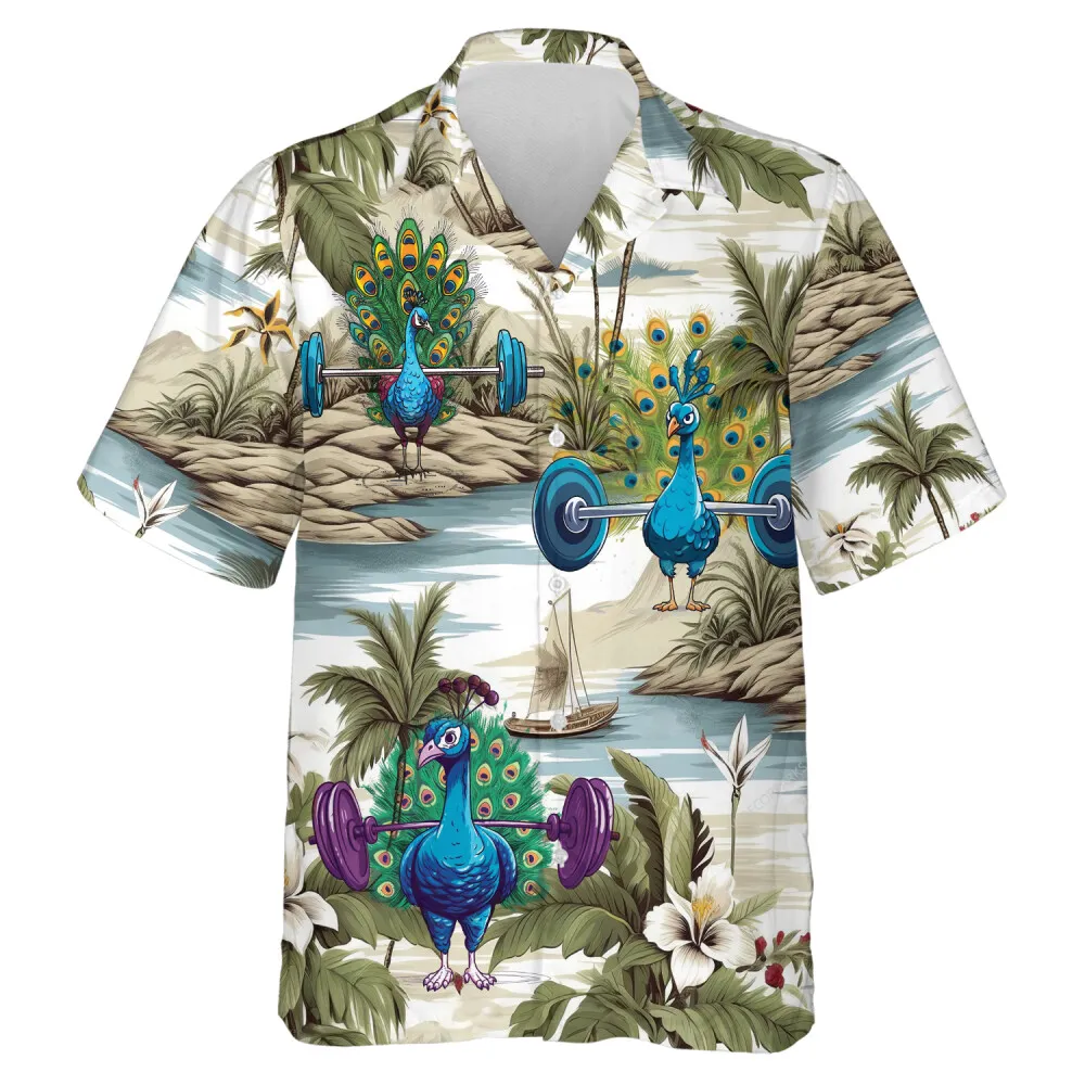 Workout Peacock Men Hawaiian Shirt, Tropical Floral Island Aloha Beach Button Down Shirt, Dumbbell Patterned Clothing, Hibiscus Lover Top