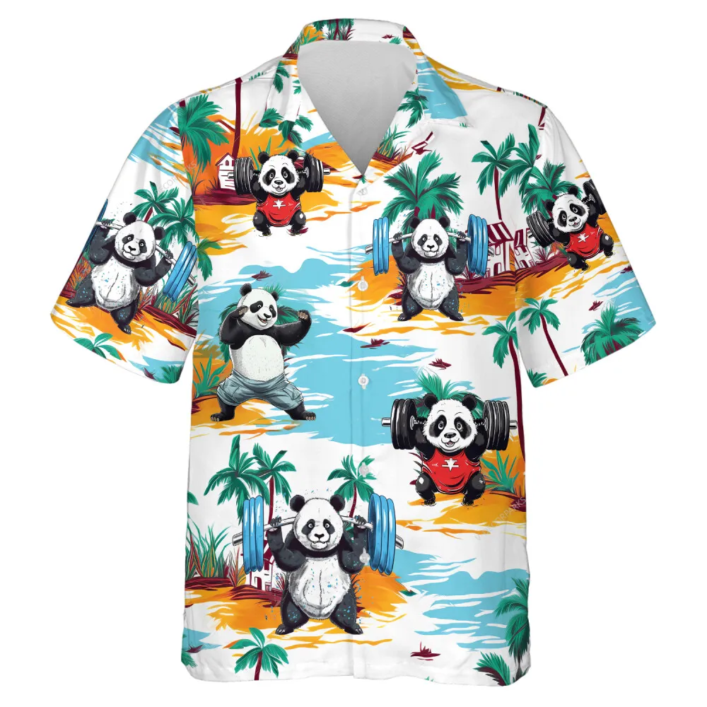 Martial Art Panda Men Hawaiian Shirt, Panda Weightlifting Aloha Beach Shirt, Deserted Tropical Island Printed Clothing, Animal Pattern Top