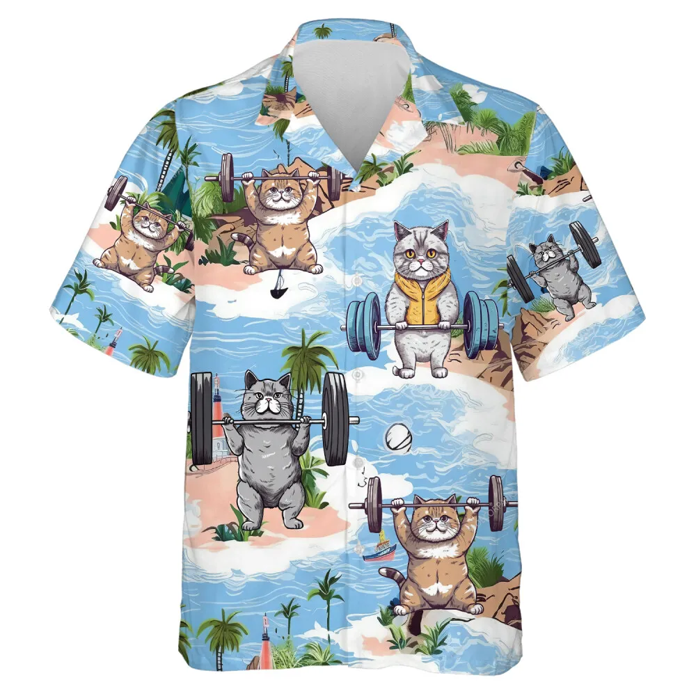 Fluffy Adorable Workout Cat Men Hawaiian Shirt, Cat Playing Sport Aloha Beach Button Down Shirt, Athlete Favorite Gift, Tropical Printed Clothing
