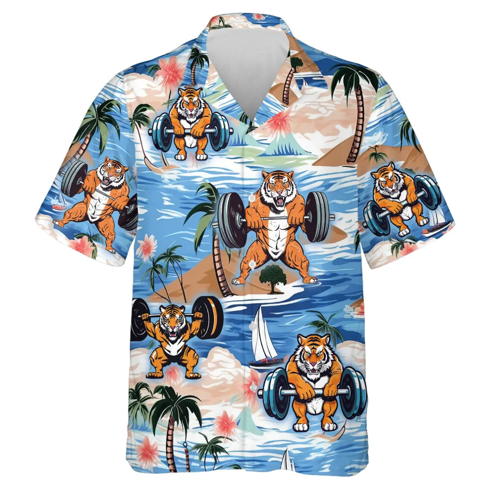 Brawny Workout Tiger Men Hawaiian Shirt, Tropical Wildcat Aloha Beach Button Down Shirt, Blue Ocean Pattern Top, Family Party Clothing