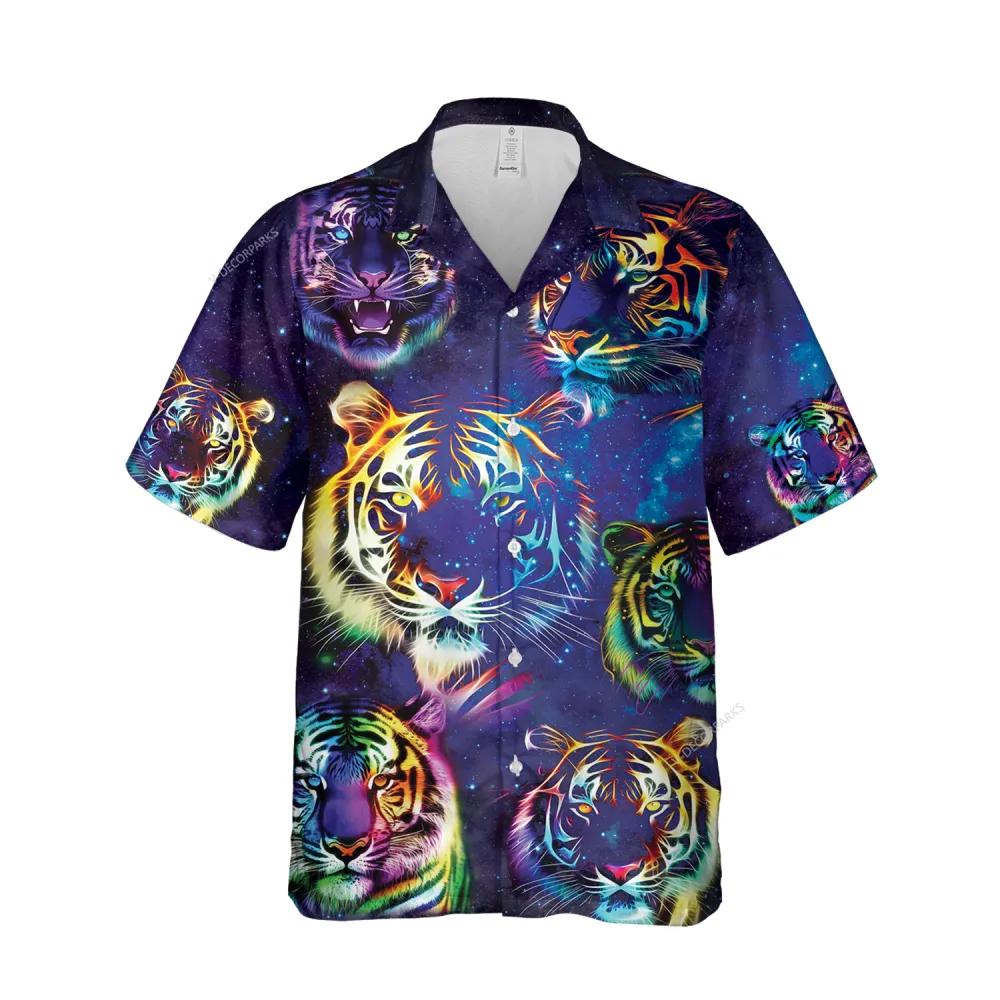 Neon Tigers Faces Hawaiian Shirts For Men, Galatic Patterned Button Down Mens Hawaii Shirt, Animal Lover Printed Short Sleeves