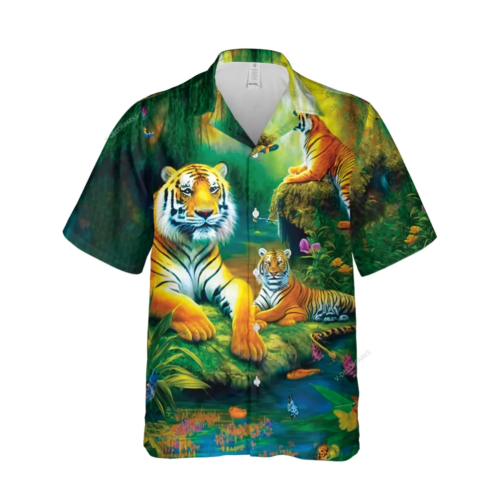 Tiger Resting In The Forest Hawaiian Shirts For Men, Tree Lover Button Down Short Sleeve, Hawaii Mens Wear Collection, Aloha Printed Clothing
