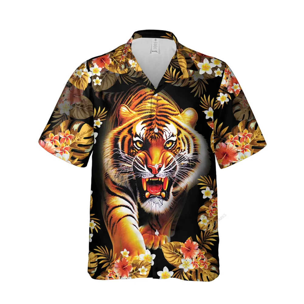 Mighty Bengal Tiger Unisex Hawaii Shirt, Fierce Tiger Button Down Mens Hawaiian Shirt, Roaring Wildcat Printed Aloha Short Sleeves, Casual Wear