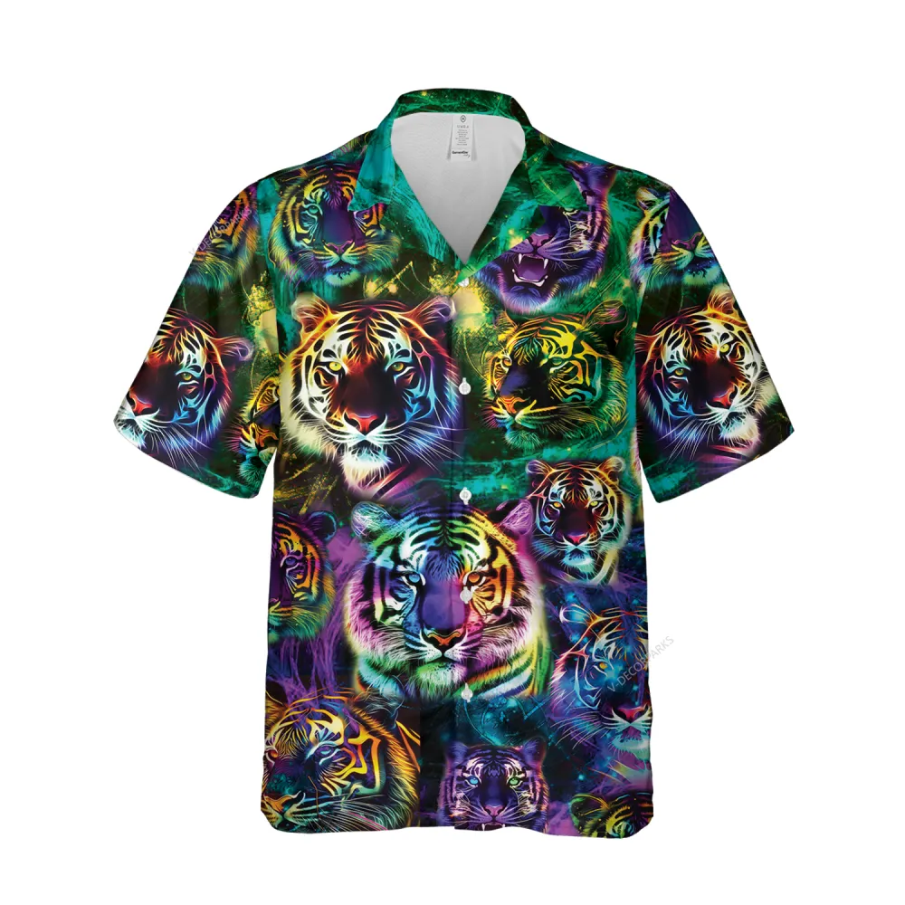 Hologram Tigers Faces Hawaiian Shirts For Men, Galaxy Space Patterned Button Down Mens Hawaii Shirt, Wild Cat Lover Printed Short Sleeves