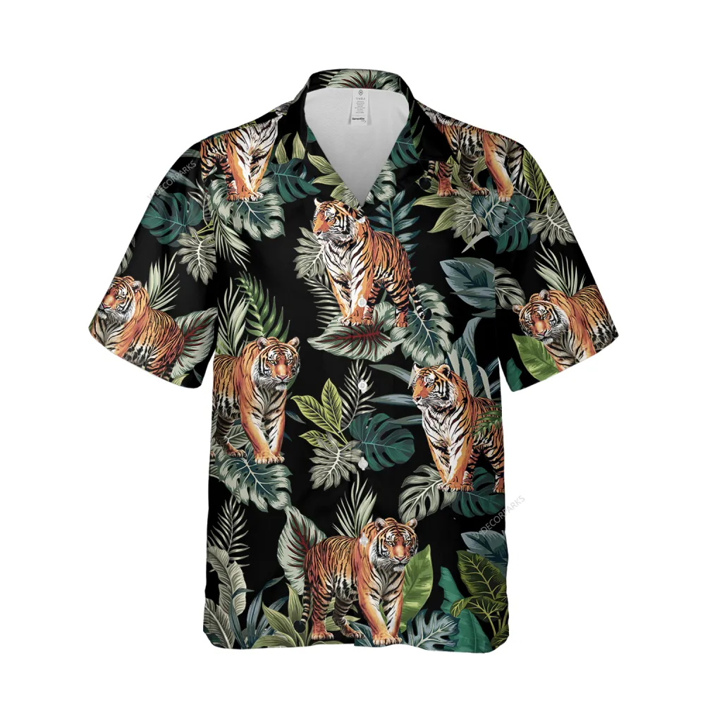 Wandering Bengal Tiger Mens Hawaii Shirt, Tropical Leaves Aloha Button Down Shirts, Animal Patterned Short Sleeve, Nature Lover Clothing
