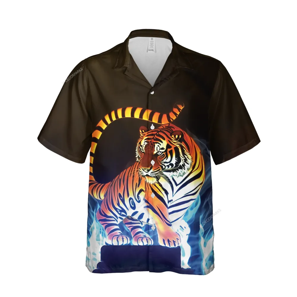 Austere Wild Tiger Hawaiian Shirts For Men, Tiger Light A Flame Aloha Button Down Short Sleeve, Wild Life Inspried Mens Hawaiian Shirt