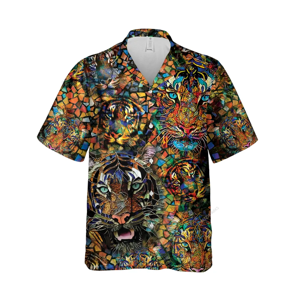 Mosaic Tiger Patterned Hawaii Shirt For Men, Prism Glass Tiger Aloha Printed Short Sleeve, Ceramic Texture Pattern Clothing, Casual Mens Wear