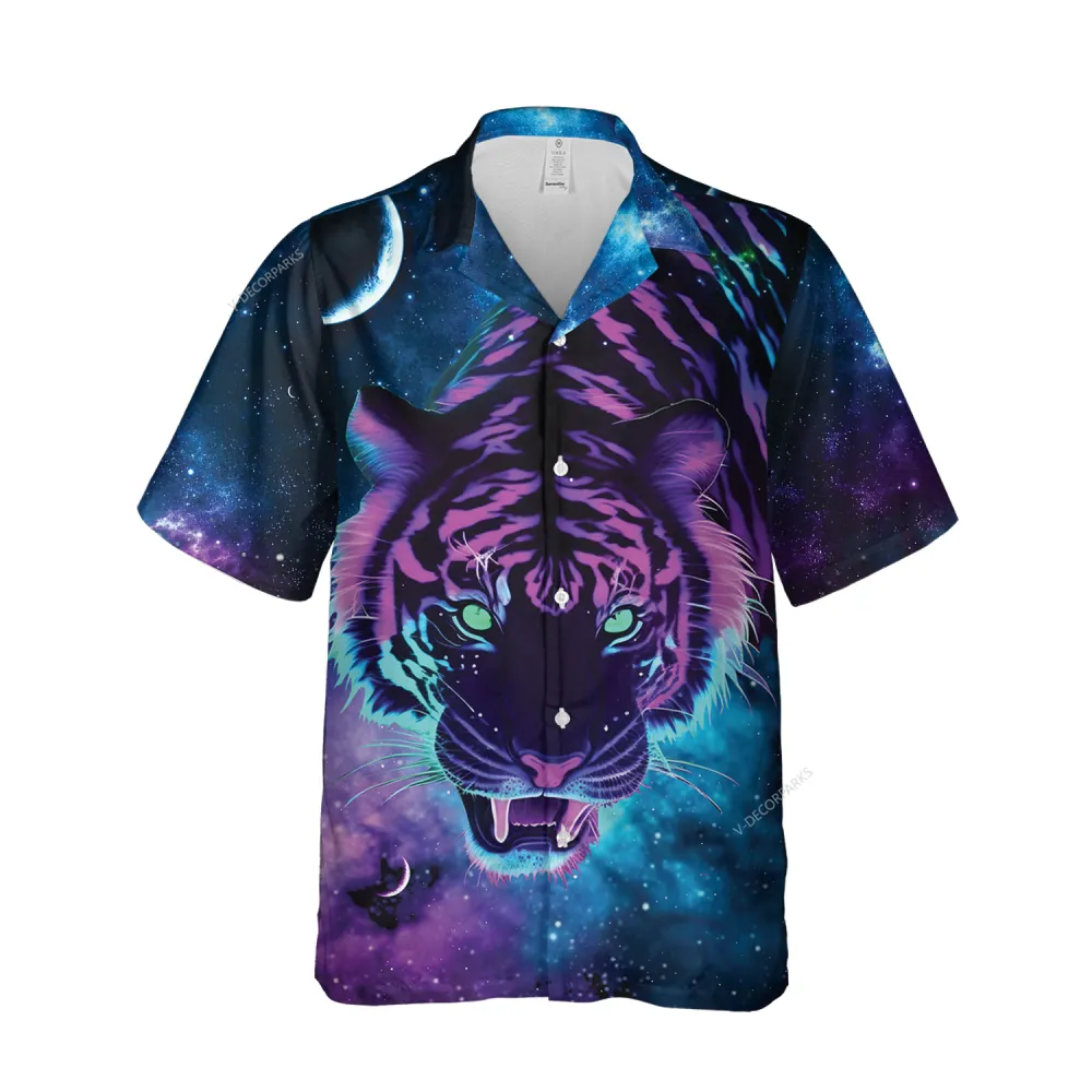 Negative Colored Galaxy Tiger Hawaiian Shirt For Men, Starry Night Button Down Mens Hawaiian Shirt, Bright Eyes Printed Short Sleeves, Casual Fit