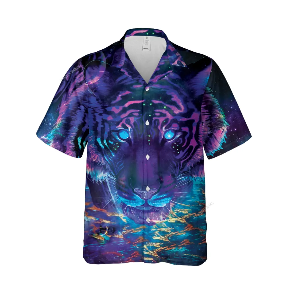 Negative Toned Galatic Tiger Hawaiian Shirt For Men, Starry Sky Button Down Mens Hawaiian Shirt, Bright Eyes Printed Short Sleeves, Casual Fit