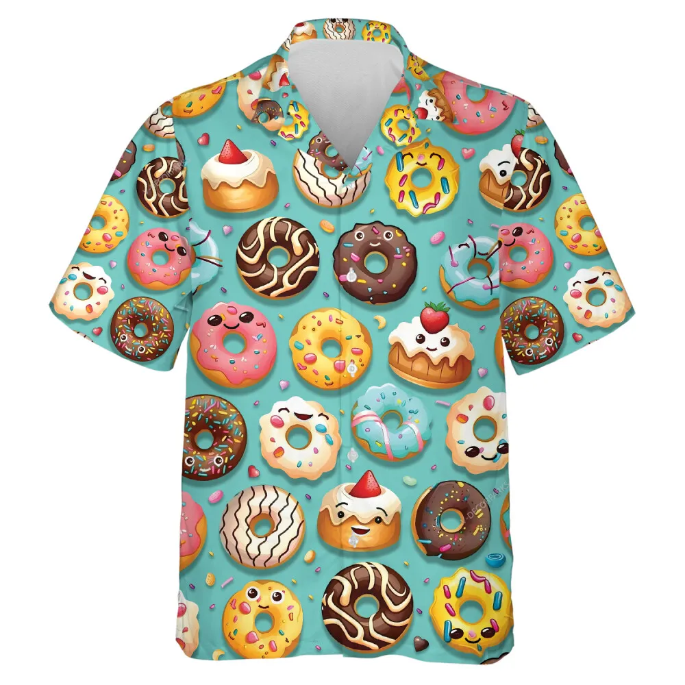 Funny Donuts Hawaiian Shirt, Mens Button Down Shirt, Cruise Shirts, Casual Printed Beach Summer Shirt, Dessert Short Sleeve Shirt For Men Women