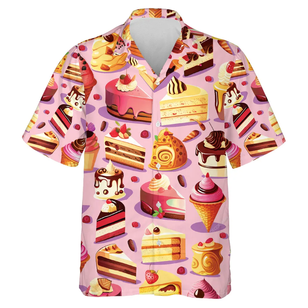 Strawberries Cakes Hawaiian Shirt, Mens Button Down Shirt, Cruise Shirts, Casual Printed Beach Summer Shirt, Dessert Short Sleeve Shirt For Men Women