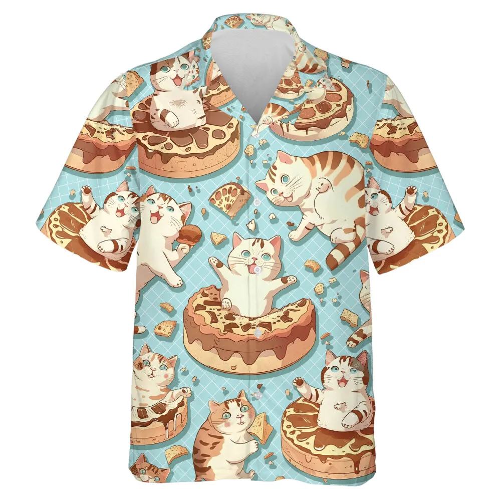 Cat Love Desserts Hawaiian Shirt, Mens Button Down Shirt, Cruise Shirts, Casual Printed Beach Summer Shirt, Dessert Short Sleeve Shirt For Men Women