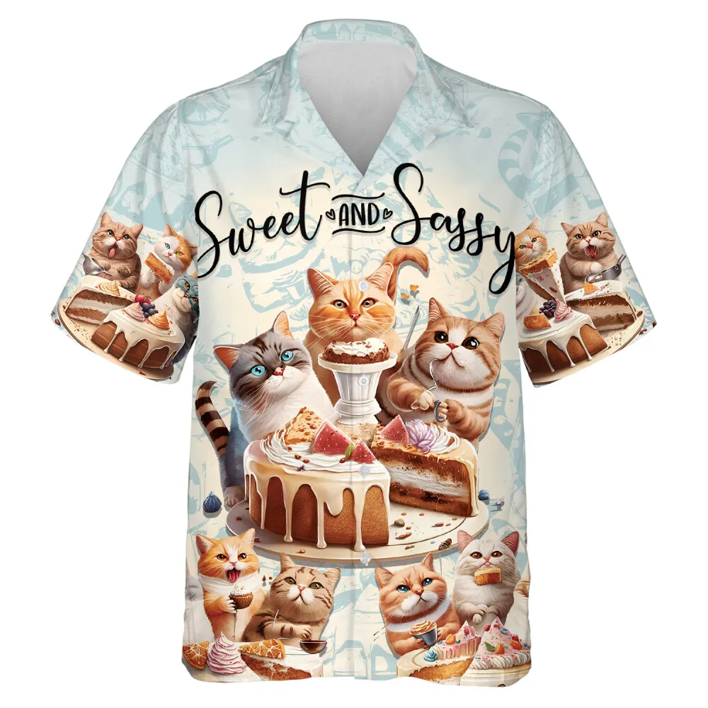 Sweet And Sassy Cats Hawaiian Shirt, Men Button Down Shirt, Cruise Shirts, Casual Printed Beach Summer Shirt, Dessert Short Sleeve Shirt For Men Women