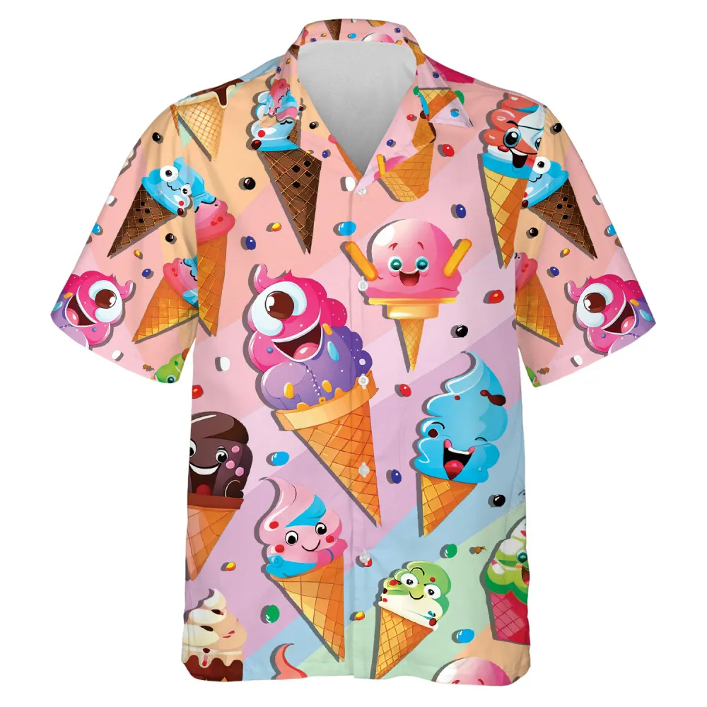 Playful Ice-creams Hawaiian Shirt, Mens Button Down Shirt, Cruise Shirts, Casual Printed Beach Summer Shirt, Dessert Short Sleeve Shirt For Men Women